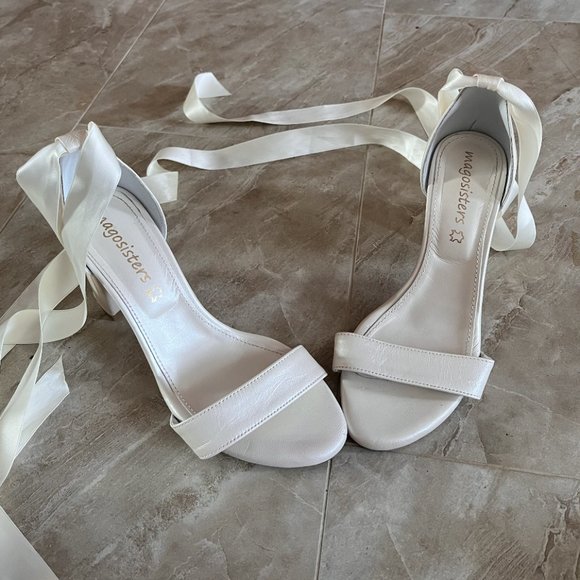 Ivory Block Heels With Satin Ribbon - Picture 5 of 7
